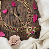 Vriksham Gold Look Alike Lakshmi Floral Double Side Maang Tikka-Red-Gold Bead-G19500